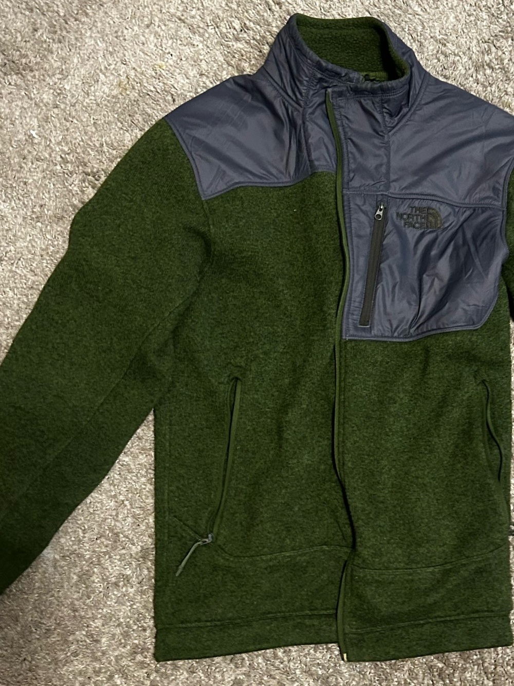 The North Face Men’s Olive Green Fleece Zip-Up with Dark Gray Shoulder Panels